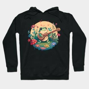 Cottagecore aesthetic cute frog playing ukelele on Mushroom Hoodie